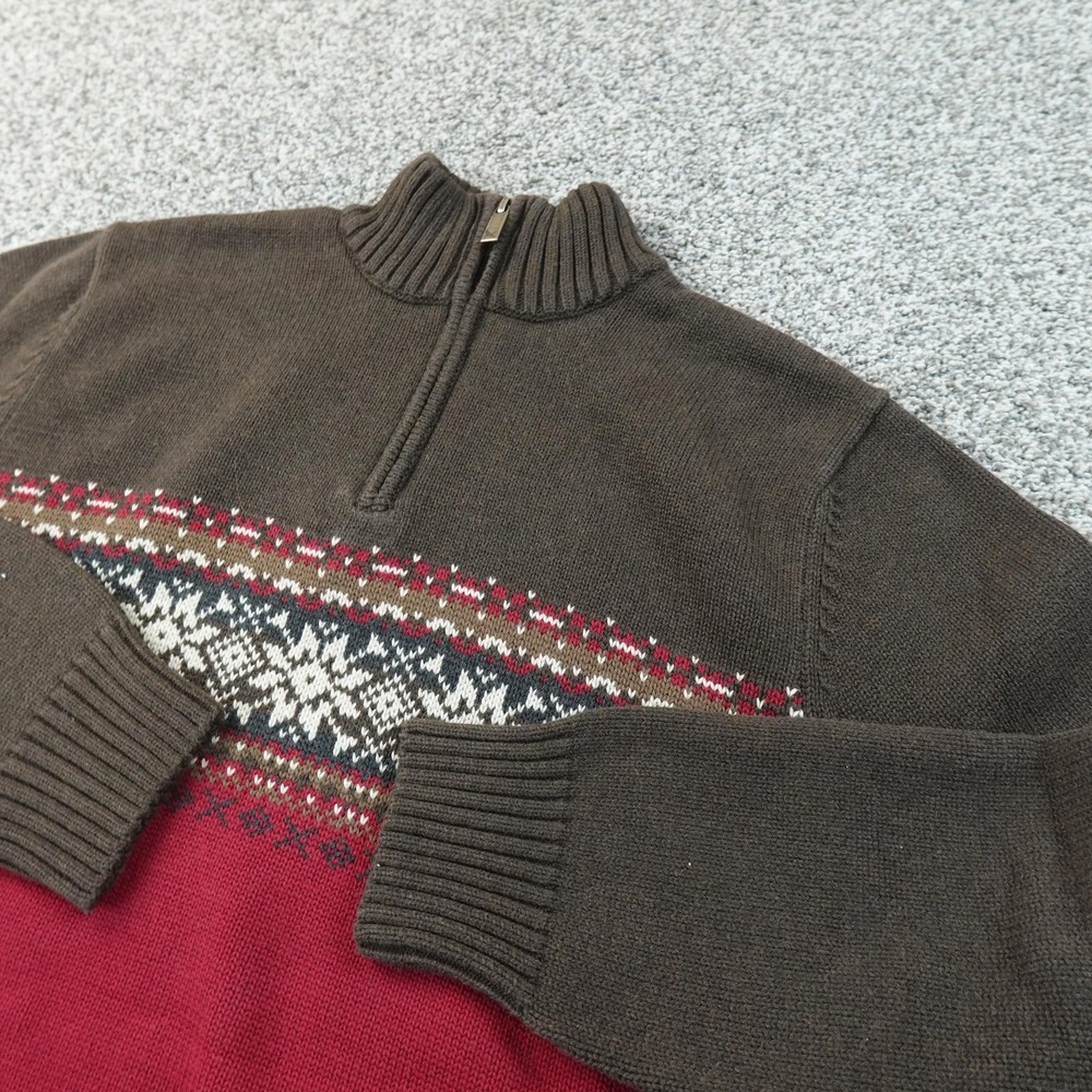 Eddie Bauer Sweater Mens L Brown Red Nordic Fair Isle 1/4 Zip Knit Pullover Hike